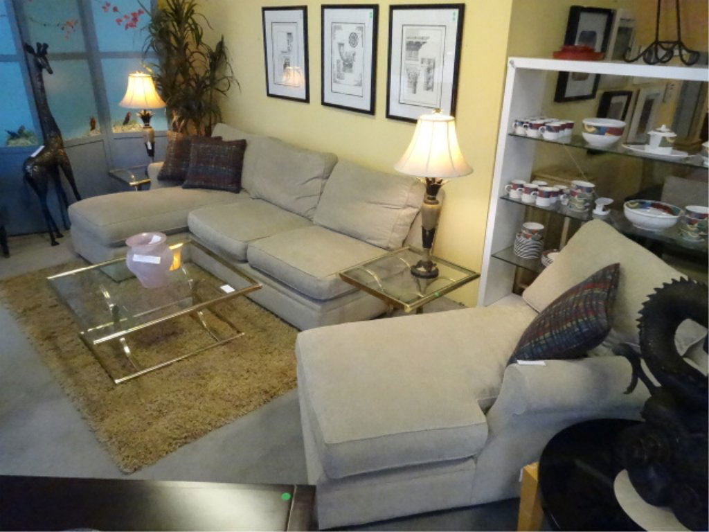 3 PC UPHOLSTERED SOFA WITH 2 CHAISES ON LEFT AND RIGHT,: 3 PC UPHOLSTERED SOFA WITH 2 CHAISES ON LEFT AND RIGHT, WITH CENTER 2 SEAT SECTION, VERY GOOD CONDITION WITH SOME LIGHT STAINS TO FABRIC, ONE SMALL REPAIR NEAR SEAM, PREVIEW AT OUR SHOWROOM AT EVERYTH