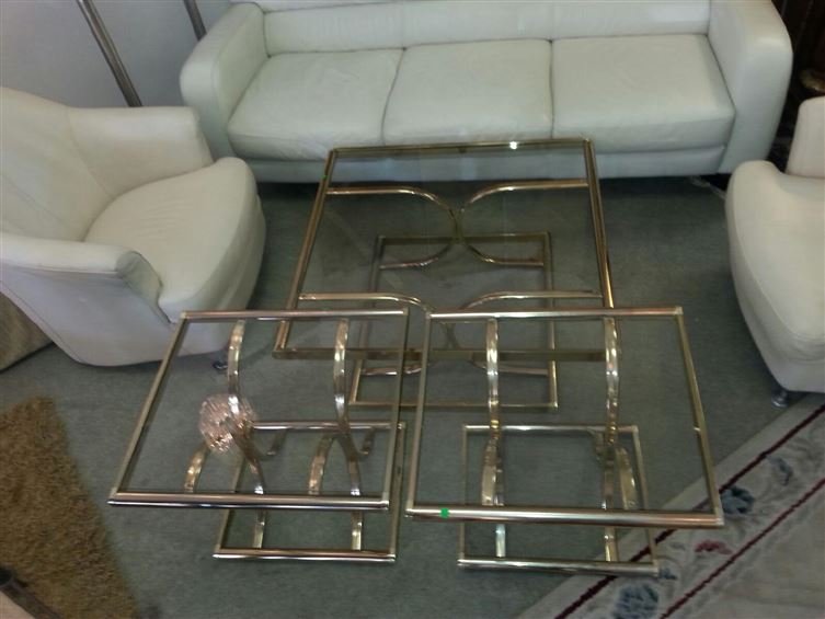 3 PC BRASS AND GLASS TABLE SET, COFFEE TABLE AND 2 SIDE (1 of 4)