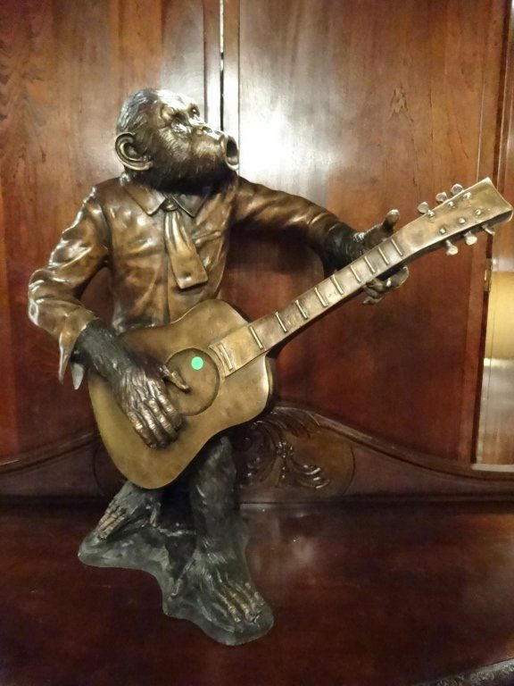 LARGE BRONZE CHIMPANZEE WITH GUITAR SCULPTURE, (1 of 6)