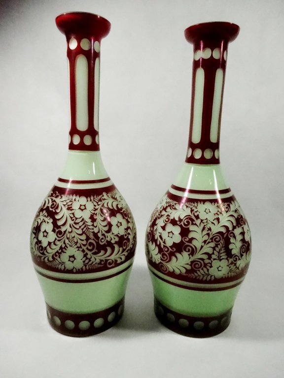PAIR RED CUT TO PALE GREEN GLASS VASES, APPROX 10.5"H, (1 of 4)