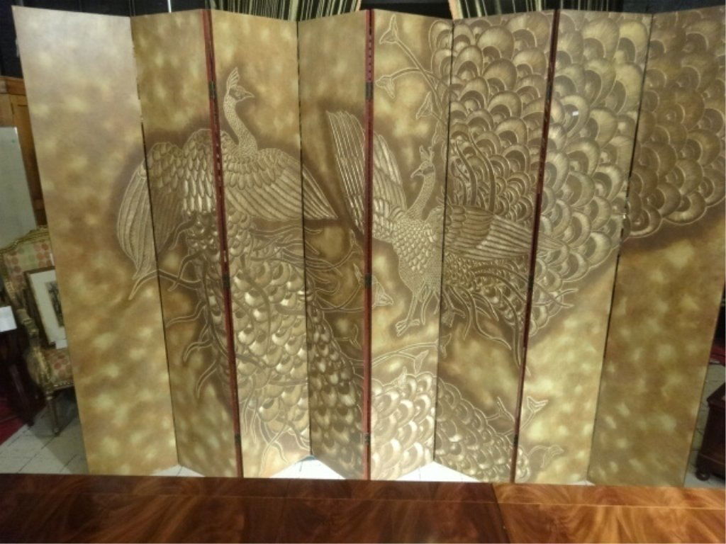 GOLD FINISH CARVED 8 PANEL FLOOR SCREEN, 2 PEACOCKS,: GOLD FINISH CARVED 8 PANEL FLOOR SCREEN, 2 PEACOCKS, BURGUNDY AND GOLD ON REVERSE, VERY GOOD GENTLY USED CONDITION, 83"H X 126"W WHEN FULLY OPEN, SKU493.09