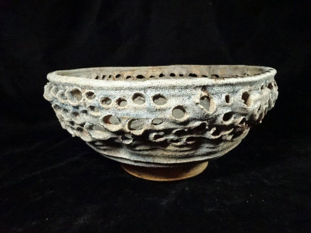 ART POTTERY CENTERPIECE BOWL, BLUE/GRAY FINISH WITH (1 of 5)