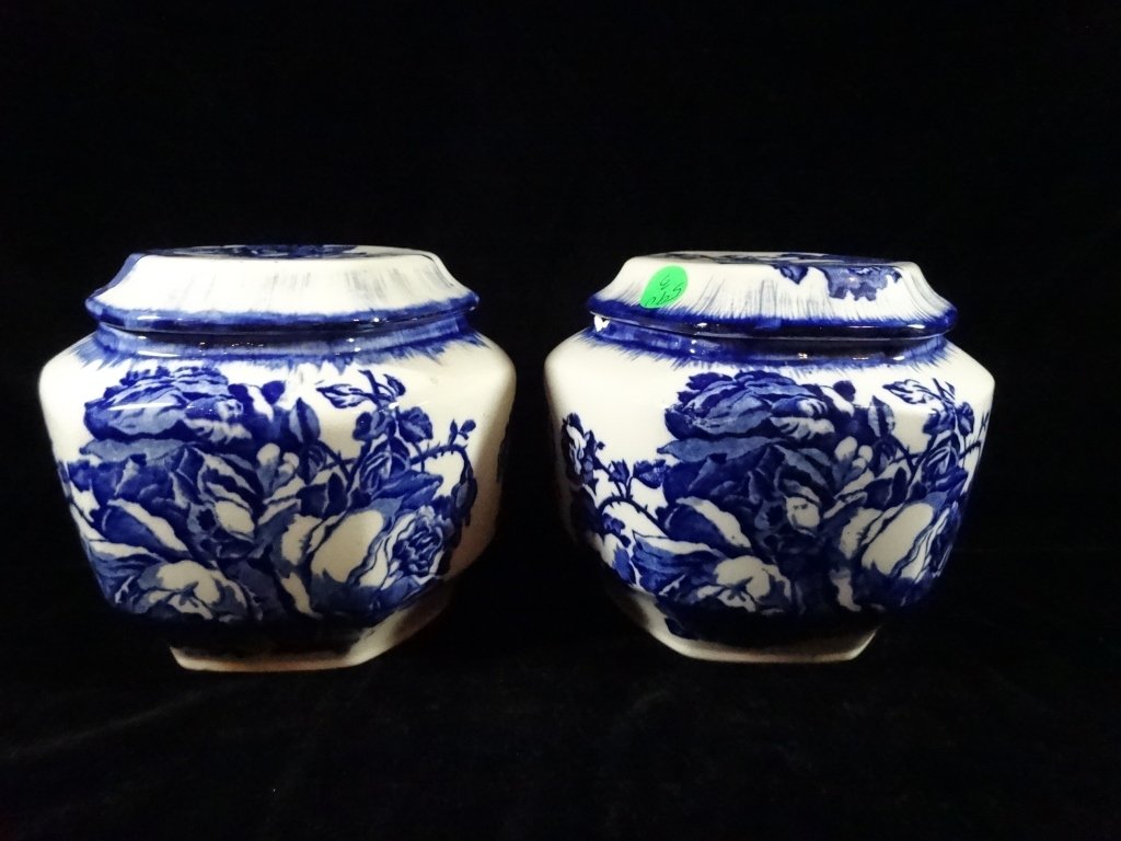 PAIR BLUE & WHITE IRONSTONE URNS WITH LIDS, MARKED: PAIR BLUE & WHITE IRONSTONE URNS WITH LIDS, MARKED VICTORIA IRONSTONE STAFFORDSHIRE ENGLAND, CHIPS TO RIM OF ONE, APPROX 5.75"H, SKU590.03