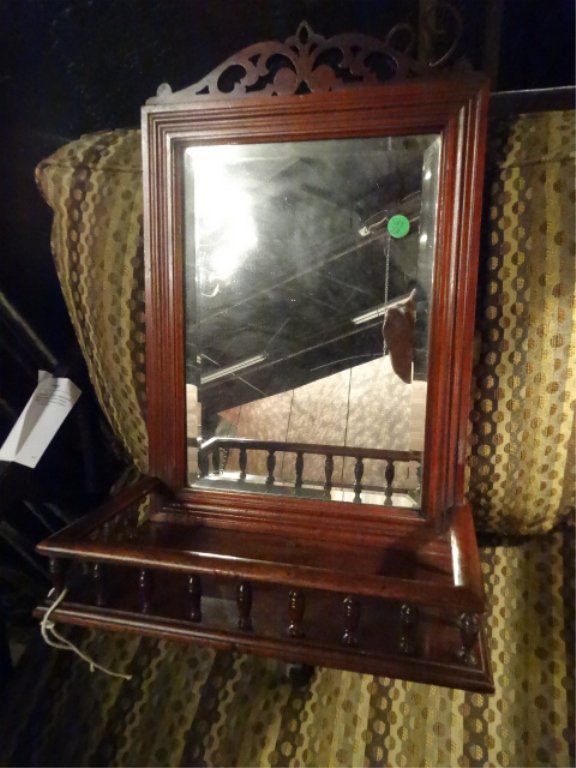 WOOD WALL MIRROR WITH SHELF, MAHOGANY FINISH, 25.5"H, (1 of 3)