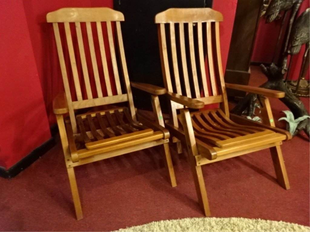 PAIR FOLDING OAK DECK CHAIRS, EXCELLENT GENTLY USED (1 of 7)