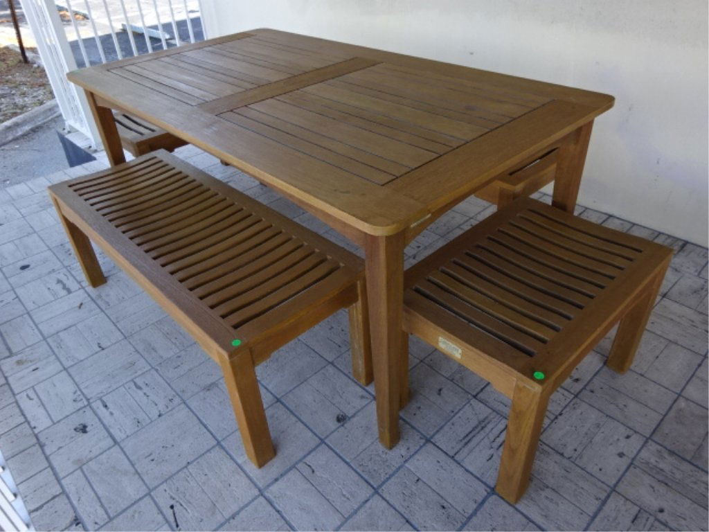 5 PC TEAK TABLE WITH 4 BENCHES, LABELED MADE IN (1 of 10)