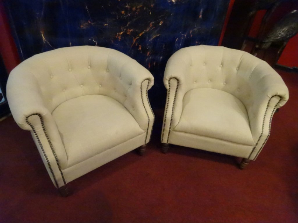 PAIR UPHOLSTERED ARMCHAIRS, TUFTED BACKS, NAILHEAD (1 of 8)