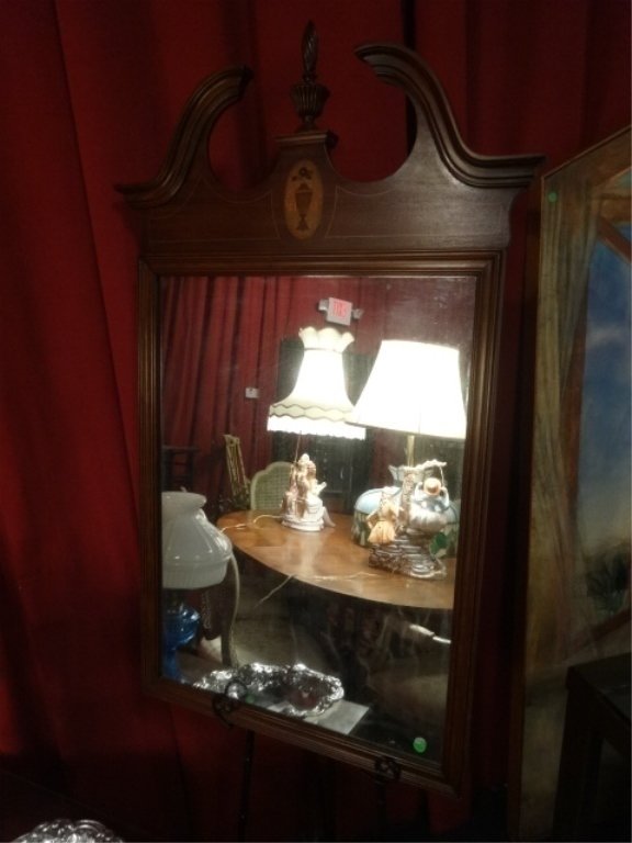 LARGE INLAID MAHOGANY FRAME MIRROR, BONNET TOP, INLAID (1 of 3)