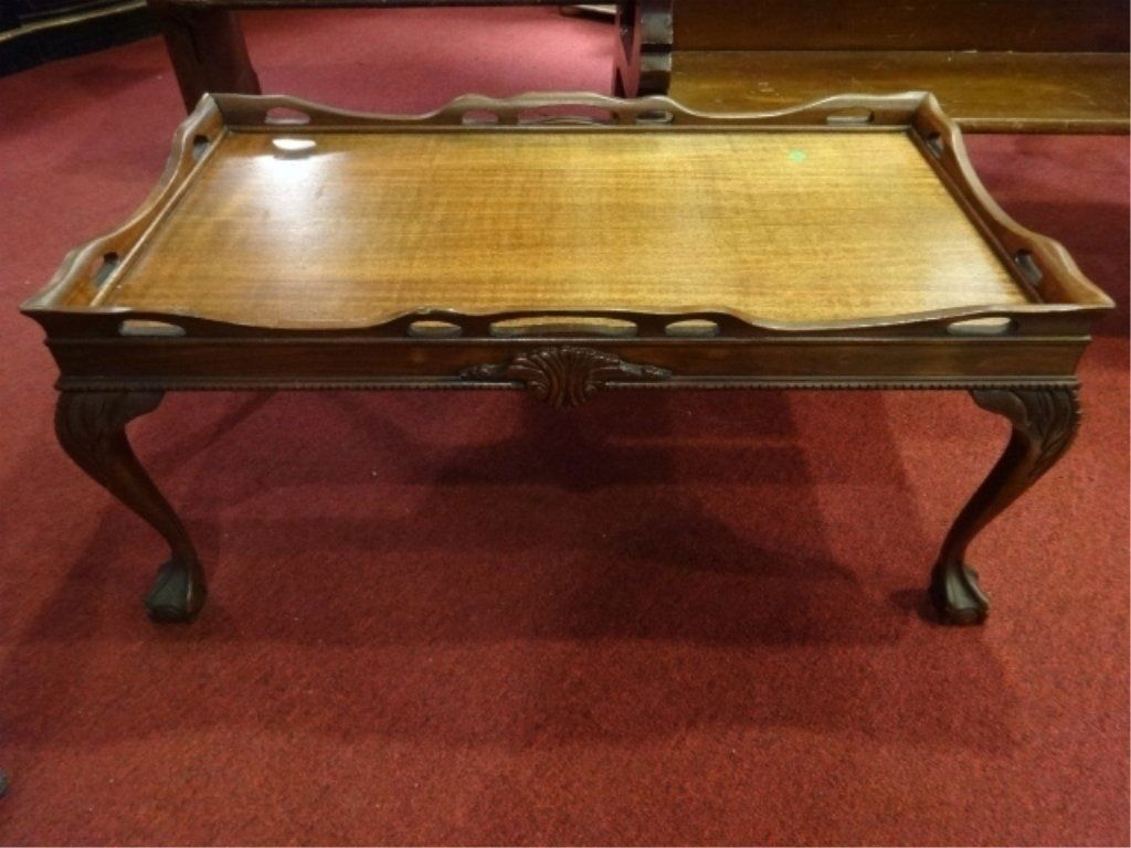 ANTIQUE MAHOGANY COFFEE TABLE WITH TRAY TOP HANDLES, (1 of 7)