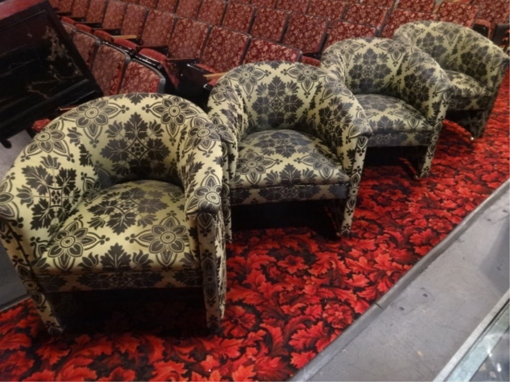 4 SILK UPHOLSTERED TUB CHAIRS, GREEN/GRAY WITH CHARCOAL: 4 SILK UPHOLSTERED TUB CHAIRS, GREEN/GRAY WITH CHARCOAL PRINT, ON CASTERS, VERY GOOD GENTLY USED CONDITION, PREVIEW AT OUR SHOWROOM AT EVERYTHING UNDER THE SUN CONSIGNMENT, 2400 E. OAKLAND PARK BLVD, 