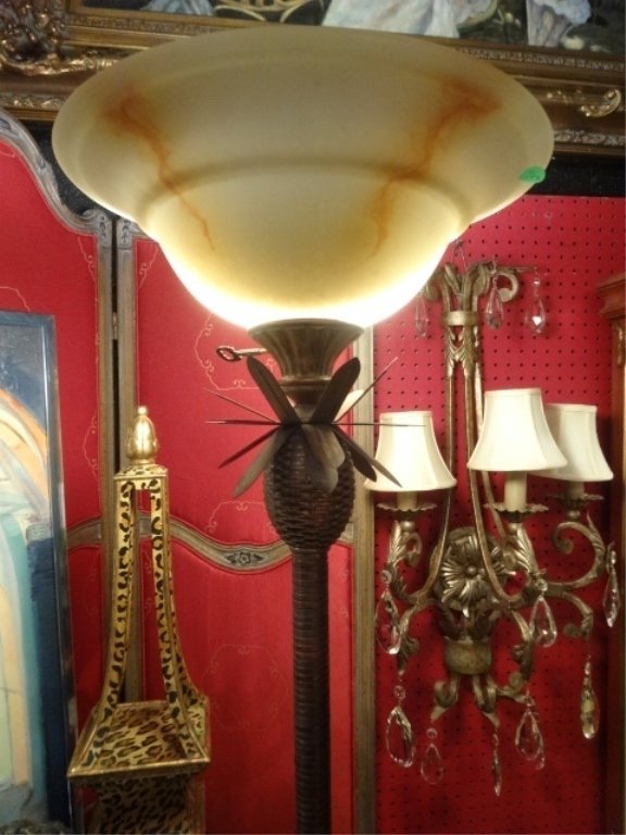 VINTAGE METAL TORCHIERE, RATTAN MOTIF WITH METAL: VINTAGE METAL TORCHIERE, RATTAN MOTIF WITH METAL LEAVES, FAUX ONYX GLASS SHADE, VERY GOOD GENTLY USED CONDITION, APPROX 6.5'H, SKU261.07