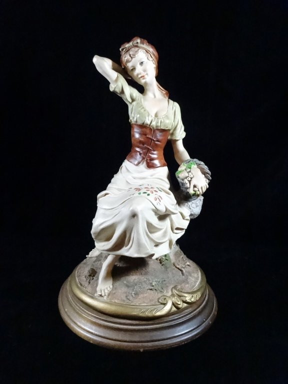 VINTAGE GUISEPPE ARMANI CAPODIMONTE PORCELAIN FIGURINE,: VINTAGE GUISEPPE ARMANI CAPODIMONTE PORCELAIN FIGURINE, SEATED WOMAN, WITH A.G. MARK, APPROX 12"H, SKU616.20