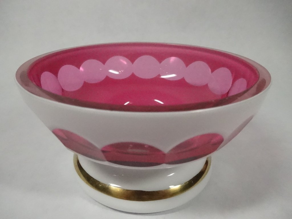 WHITE TO RED CUT CRYSTAL BOWL, APPROX 3 7/8" DIAMETER, (1 of 4)