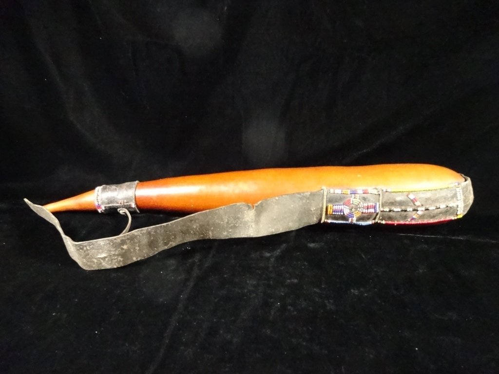 GOURD VESSEL WITH LID, BEADED LEATHER STRAP, APPROX (1 of 5)