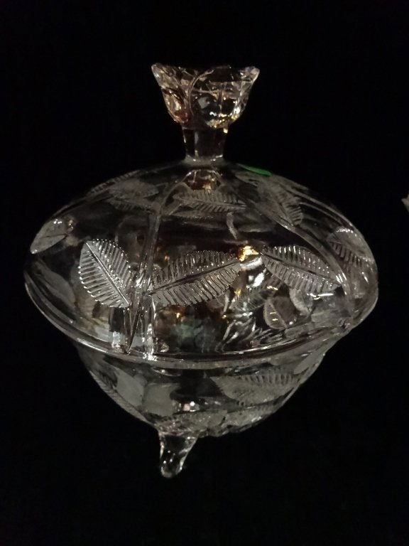 CRYSTAL CANDY DISH WITH LID, THREE FEET, APPROX 7.5"H, (1 of 2)