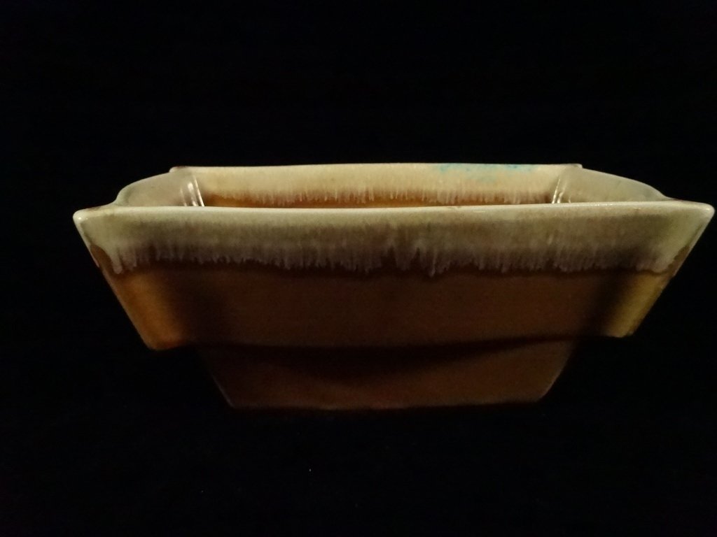 VINTAGE CERAMIC PLANTER, YELLOW WITH BROWN & WHITE DRIP (1 of 4)