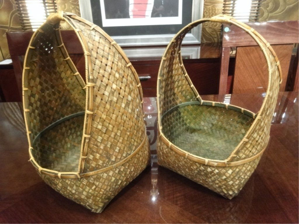 PAIR WOVEN RATTAN BASKETS, EACH APPROX 20"H, SKU3553.13 (1 of 5)