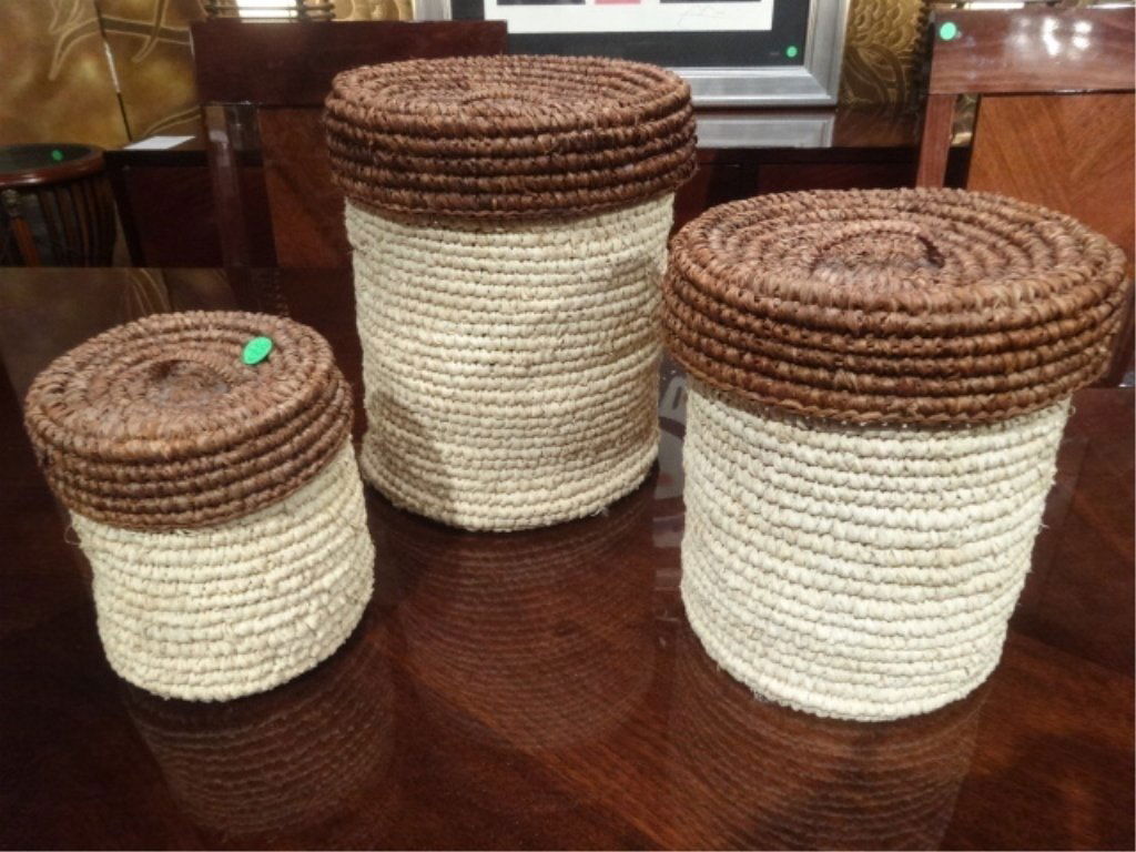 3 ROUND WOVEN BASKETS WITH LIDS, LARGEST APPROX 16"H, (1 of 6)