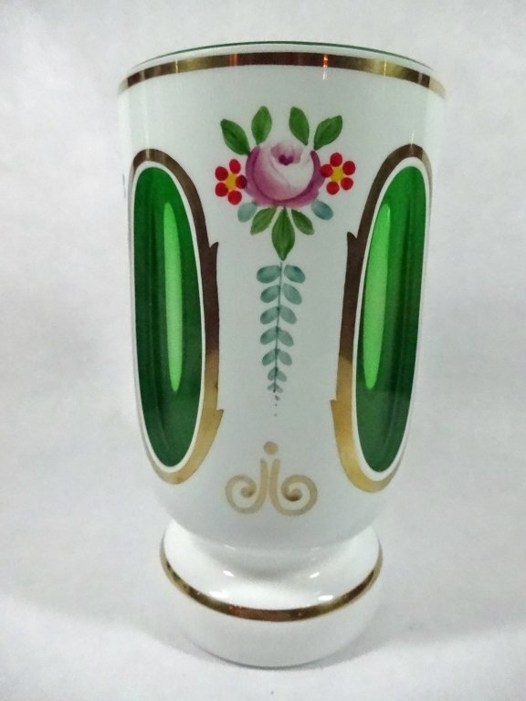 WHITE TO GREEN CUT CRYSTAL VASE, PAINTED FLORAL DESIGN, (1 of 3)