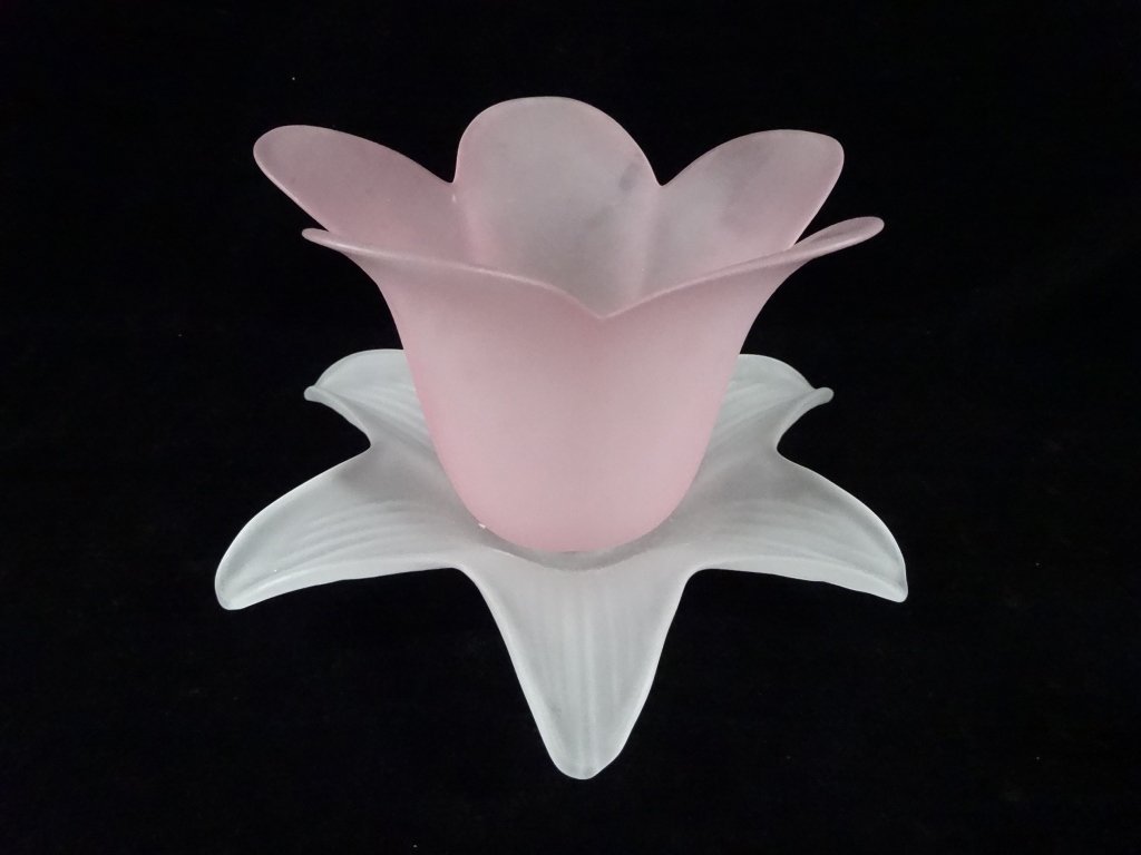 FLORAL FORM CANDLE HOLDER, FROSTED PINK & WHITE GLASS, (1 of 4)