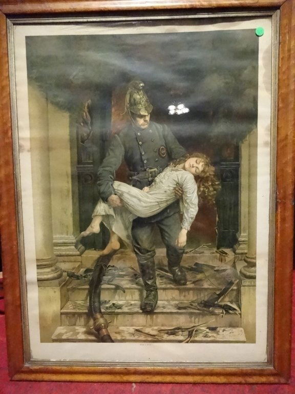 ANTIQUE PRINT, FIREMAN RESCUING GIRL, TITLED SAVED!, (1 of 10)