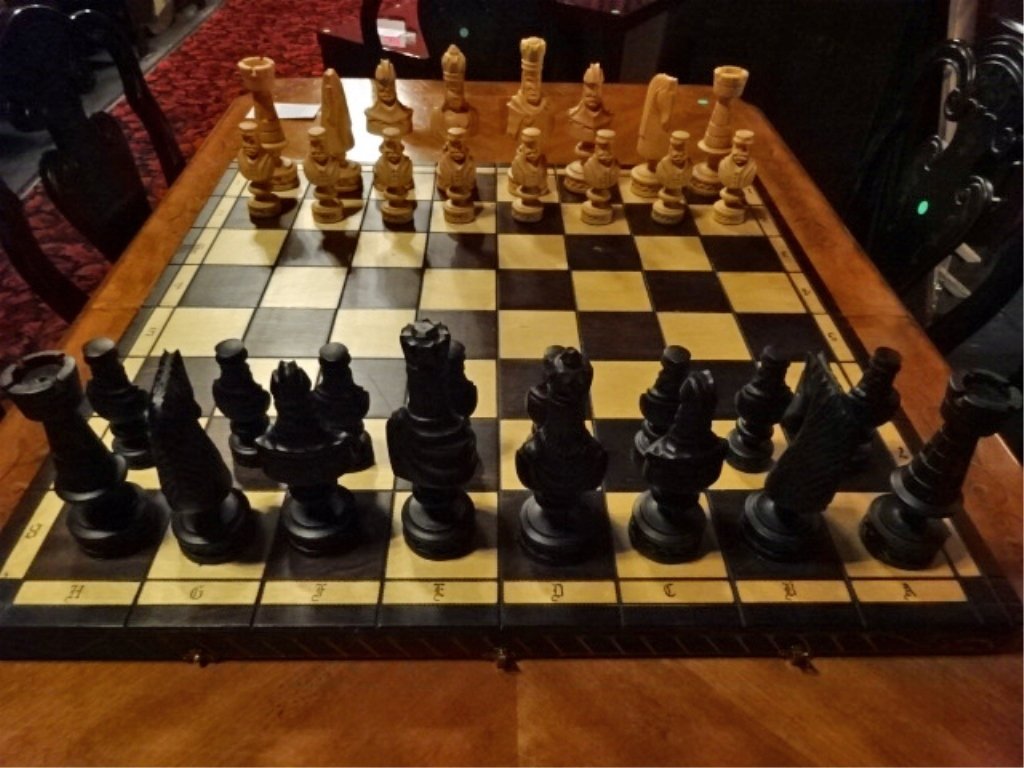 LARGE WOOD CHESSBOARD WITH CARVED WOOD CHESS PIECES, (1 of 10)