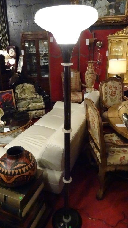 MODERN TORCHIERE FLOOR LAMP, WHITE GLASS SHADE, BLACK (1 of 5)