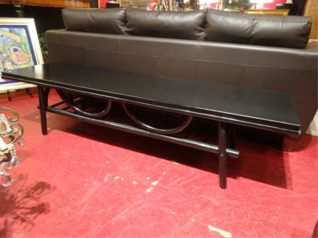 MID CENTURY WOOD COFFEE TABLE WITH BENTWOOD FRAME,: MID CENTURY WOOD COFFEE TABLE WITH BENTWOOD FRAME, CHARCOAL BLACK FINISH, VERY GOOD GENTLY USED CONDITION, APPROX 6'W, SKU531.03
