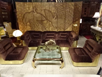 1970's 5 PC MODERN BRASS MODULAR SOFA, 2 CORNER UNITS: 1970's 5 PC MODERN BRASS MODULAR SOFA, 2 CORNER UNITS WITH 3 SLIPPER CHAIRS, ALL CAN BE USED SEPARATELY, LABELED STAR FURNITURE QUEBEC, EXCELLENT GENTLY USED VINTAGE CONDITION WITH SOME LIGHT PITTING