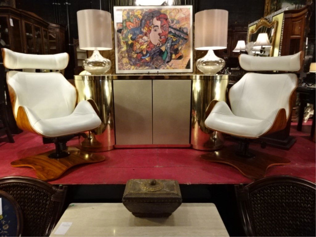 PAIR WHITE LEATHER LOUNGE CHAIRS, EAMES INSPIRED MODERN (1 of 10)