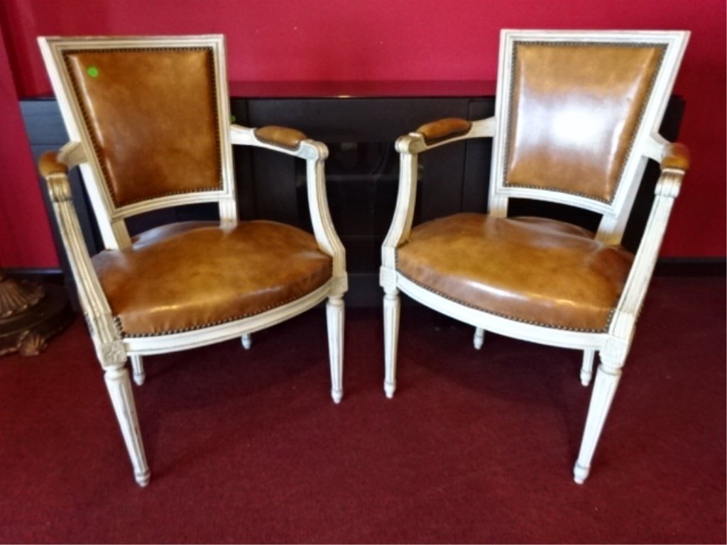 PAIR LOUIS XVI STYLE ARMCHAIRS, EARLY 20TH C., LEATHER (1 of 5)