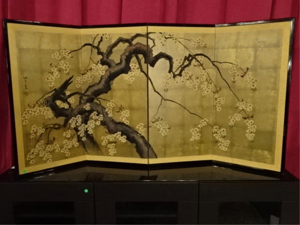 LARGE 4 PANEL ASIAN PAPER SCREEN, CHERRY BLOSSOMS, 70"W (1 of 8)
