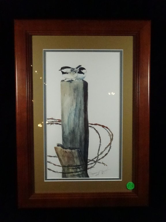 JESSIE VAUGHAN PRINT, BIRDS ON A FENCE POST, FRAMED (1 of 5)