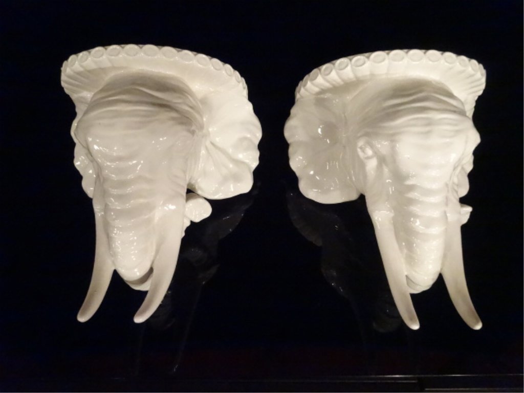 PAIR ITALIAN CERAMIC ELEPHANT HEAD WALL SHELF BRACKETS, (1 of 8)