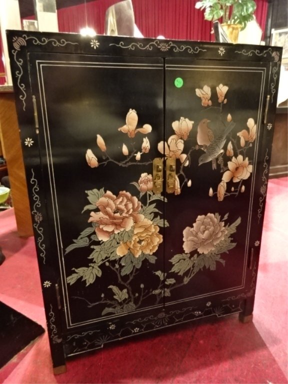 CHINESE BLACK LACQUER CABINET WITH PAINTED FLORALS, 2 (1 of 6)