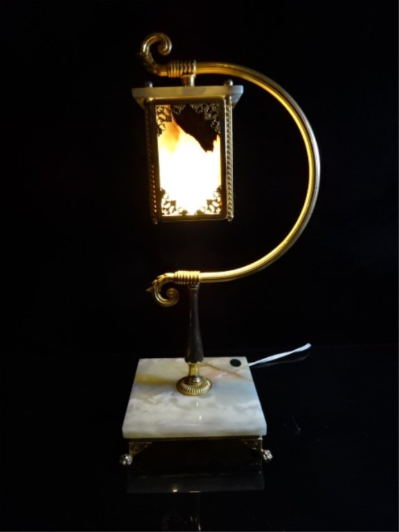 ONYX AND BRASS TABLE LAMP WITH SQUARE ONYX SHADE, (1 of 10)