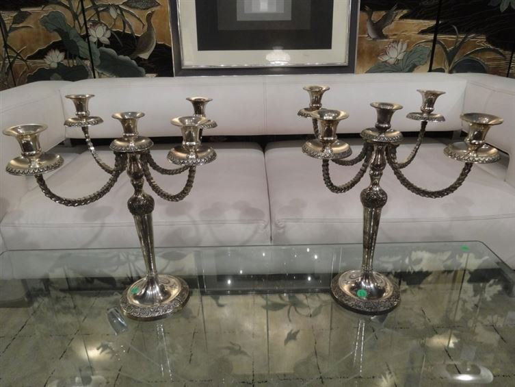 PAIR SILVER FINISH METAL CANDELABRA, 5 LIGHTS EACH, (1 of 8)