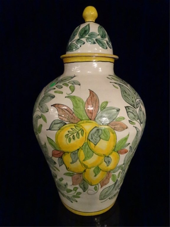 LARGE ITALIAN CERAMIC URN WITH LID, PAINTED LEMONS, (1 of 7)