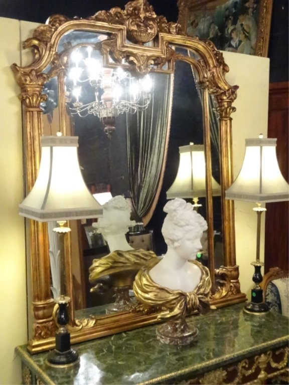 LARGE ROCOCO GILT WOOD MIRROR, CARVED COLUMNS AND (1 of 7)
