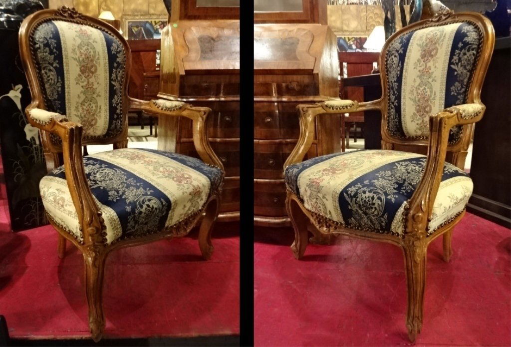 PAIR LOUIS XV STYLE FAUTEUIL CHAIRS, CARVED WOOD (1 of 9)