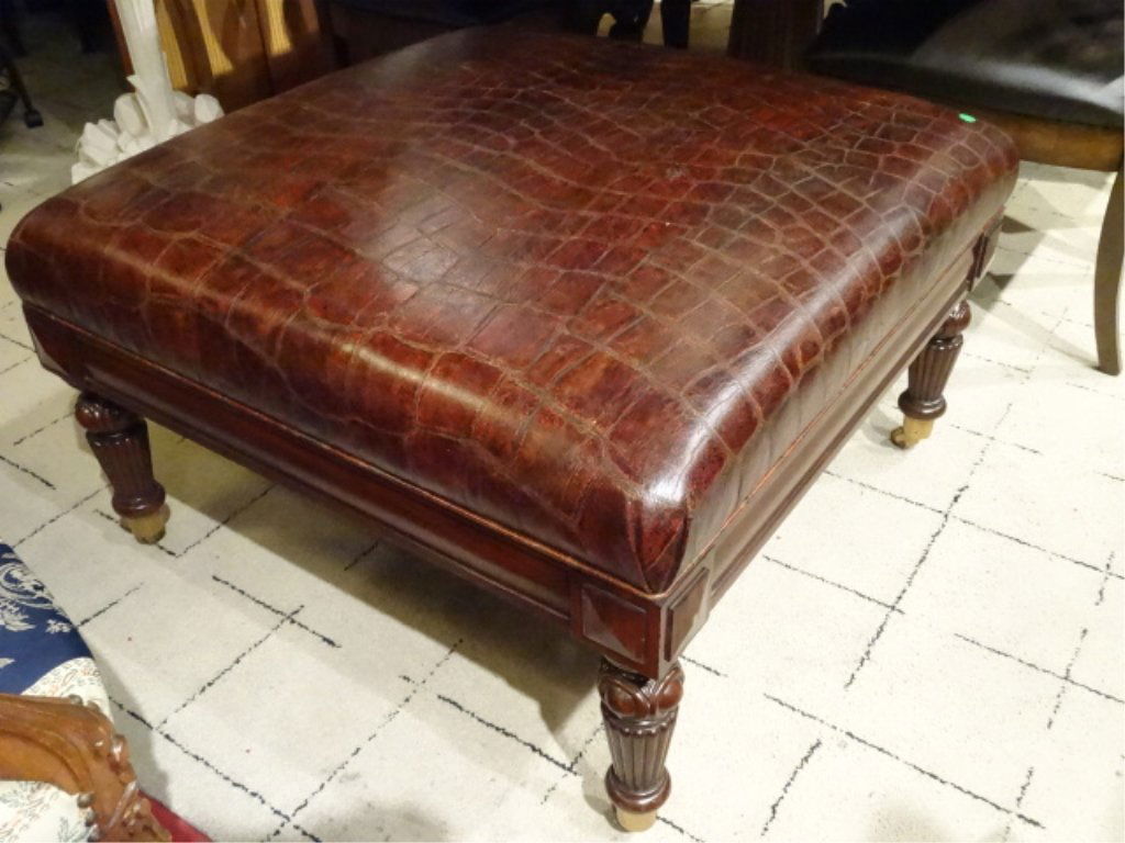 MAITLAND SMITH SQUARE LEATHER OTTOMAN, CROCODILE FINISH (1 of 7)