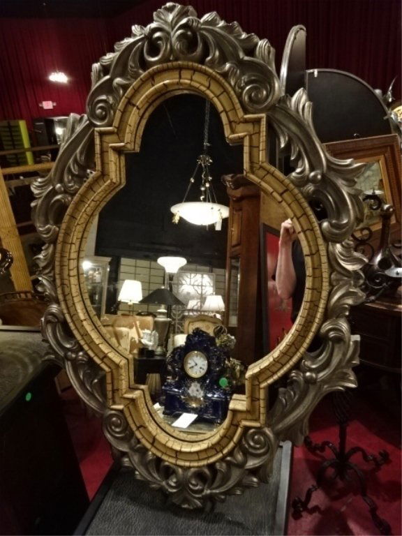 ORNATE WALL MIRROR, SILVER FINISH WITH CRAQUELURE (1 of 6)