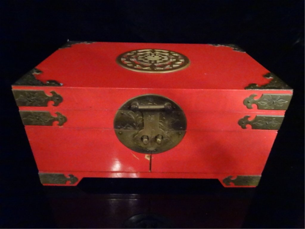 CHINESE RED LACQUER WOOD BOX BRASS MEDALLION AND (1 of 5)