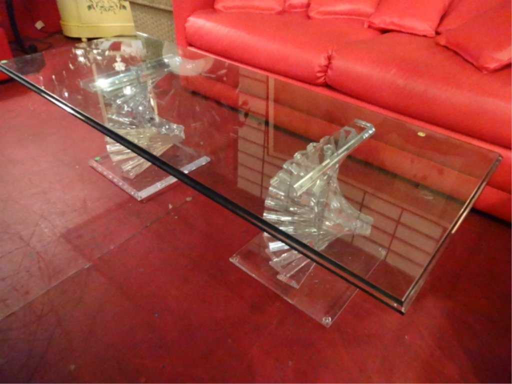 1970's LUCITE COFFEE TABLE, DUAL SPIRAL BASES IN CLEAR (1 of 7)