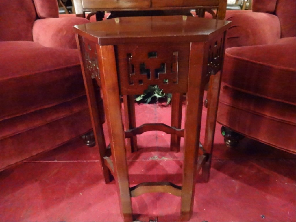 ASIAN INSPIRED HEXAGONAL WOOD TABLE, FRETWORK APRON, (1 of 6)