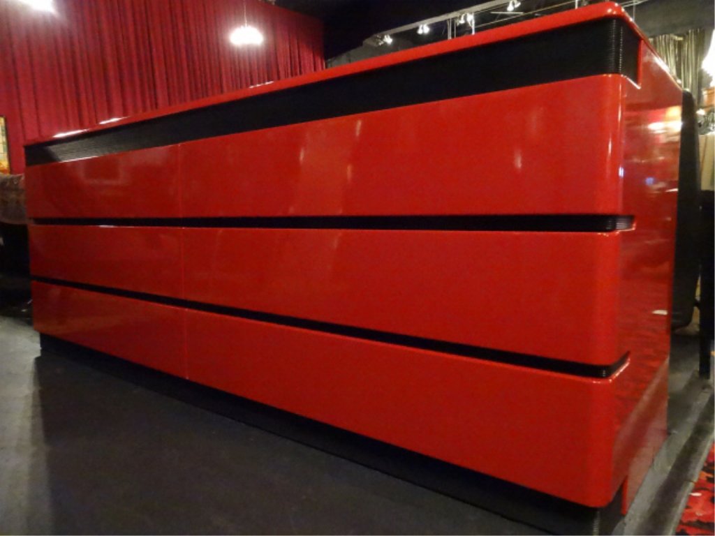 MID CENTURY MODERN ROUGIER DRESSER, 6 DRAWERS, RED AND: MID CENTURY MODERN ROUGIER DRESSER, 6 DRAWERS, RED AND BLACK FINISH, VERY GOOD GENTLY USED VINTAGE CONDITION, APPROX 6'W, SKU678