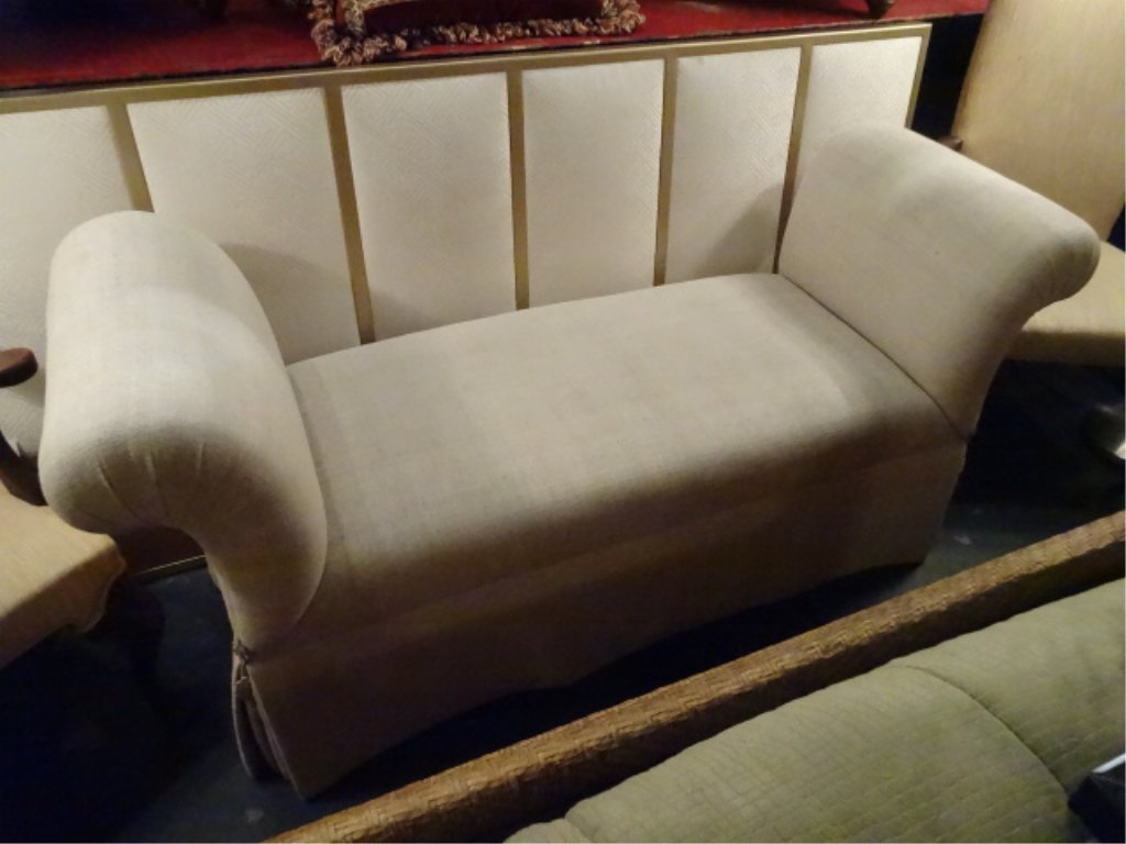UPHOLSTERED SKIRTED BENCH, CURVED ARMS, PALE BEIGE (1 of 4)