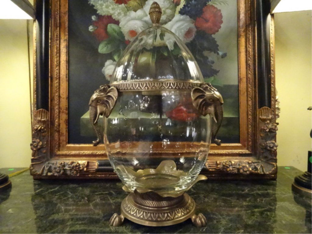 LARGE GLASS AND METAL URN WITH LID, ELEPHANT FORM (1 of 6)