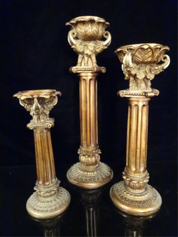 3 GOLD FINISH CANDLESTICKS, ELEPHANT FORM CAPITALS, (1 of 7)