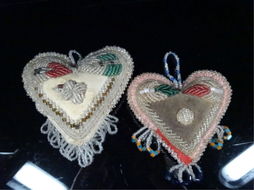 2 PC NATIVE AMERICAN BEADWORK CUSHIONS, HEART SHAPED, (1 of 5)